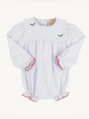 The Beaufort Bonnet Company White Holiday Holly Embroidered Baby One-Piece
